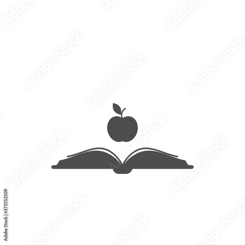 Open book with apple flying out. Isolated on white background. Flat icon.