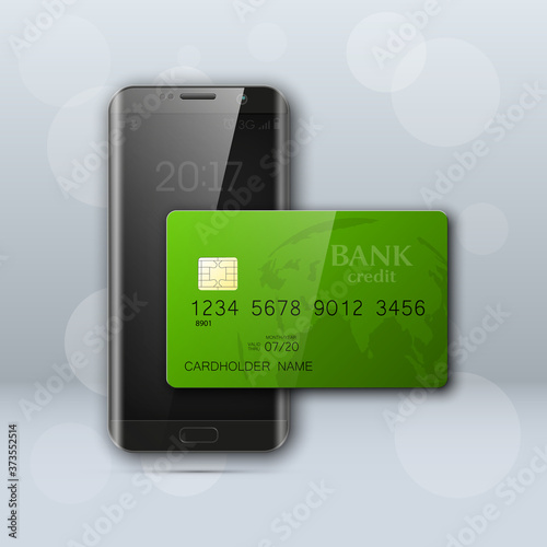 Smartphone banner & credit card. Advertising promo poster phone & bank card icon. Communicator PDA Electronic money funds transfer. Plastic card software. Update banking icon. Debit card with chip