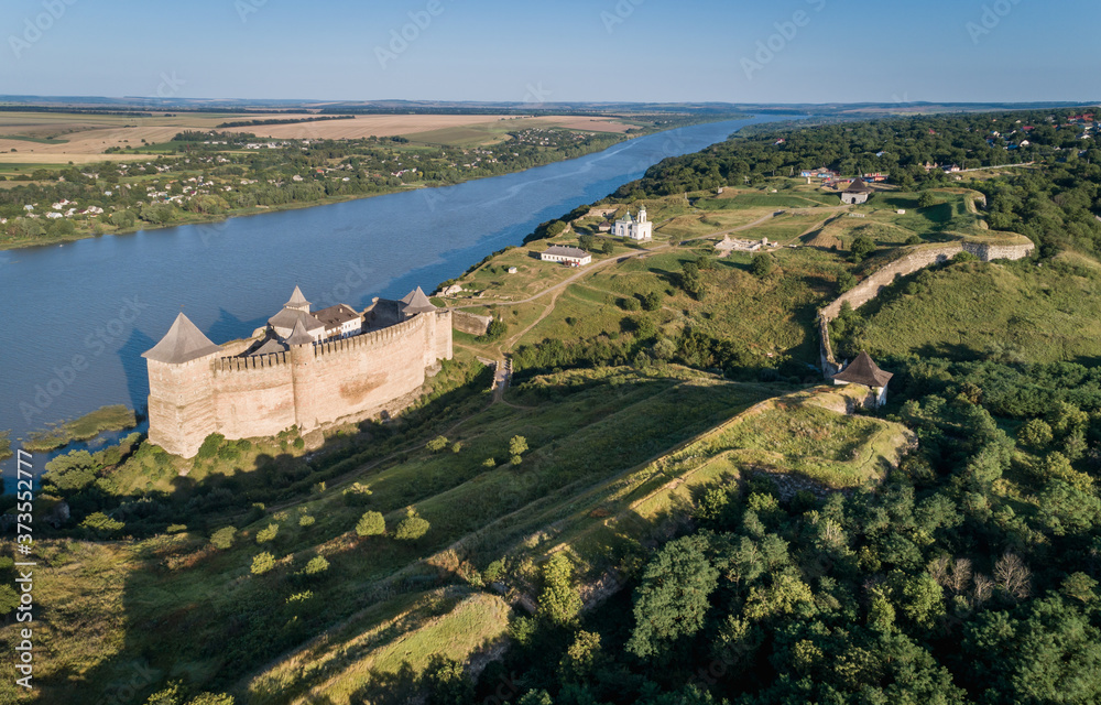 Aerial view of medieval Khotyn fortress on a Dniestr river, Chernivtsi region, Ukraine.