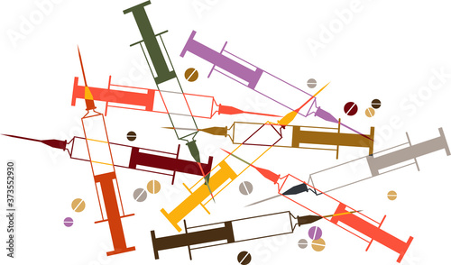 Syringes and pills vector illustration, representing drug addiction and abuse,  EPS 8