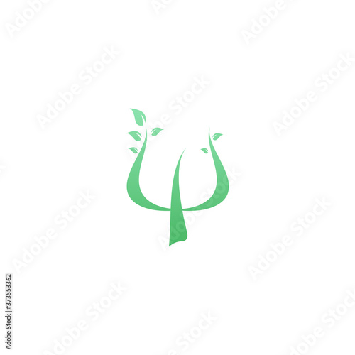 Green Greek letter Psi with leaf. Neuropsychology and psychology logo isolated on white.