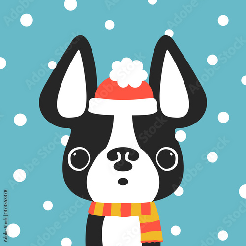 Christmas dog cute cartoon vector portrait. Puppy French bulldog wearing  scarf. Winter, Christmas, pets, dog lovers theme design element, flat contemporary style