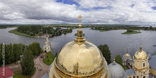 Panorama of Lake Seliger from the bell tower of the Nilo-Stolbensky monastery. August 1, 2020