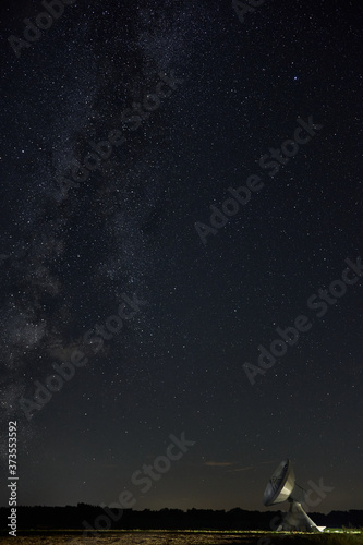 A dish antenna under a clear night sky and the milky way