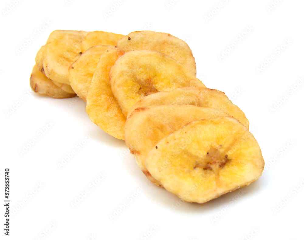 Banana chips on white background Banana chips on white background