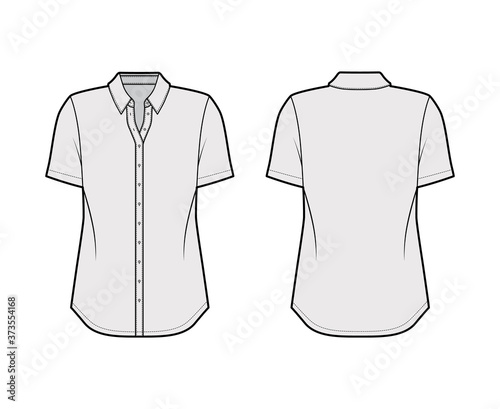 Classic shirt technical fashion illustration with short sleeves, relax fit, front button-fastening, regular collar. Flat apparel template front, back, grey color. Women men unisex top CAD mockup 