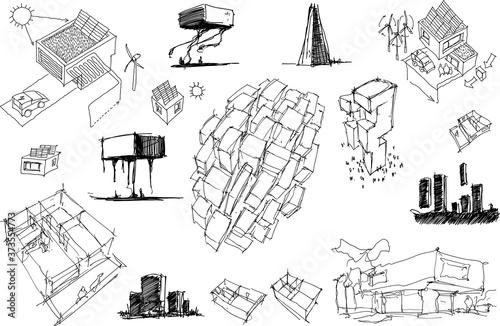 many hand drawn architectectural sketches of a modern abstract architecture and detached houses with energy concepts and urban ideas 