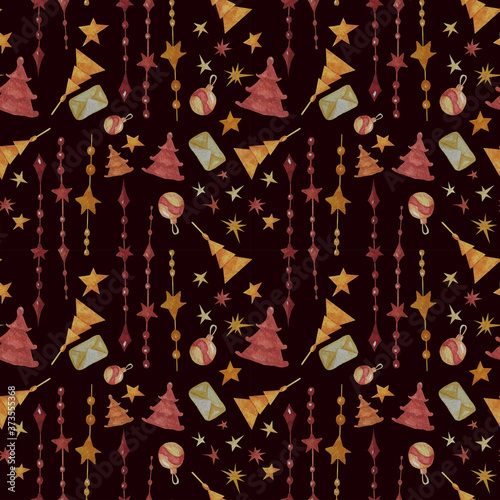 New Years elements. Seamless pattern with decorative elements for Christmas. Decorations, balls and stars, garlands and yellow-red Christmas trees on a dark burgundy background. Watercolor