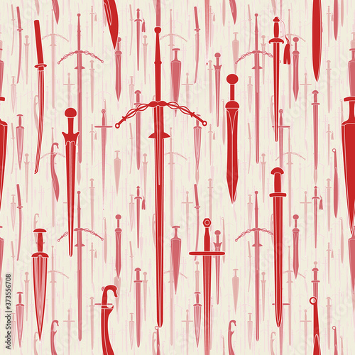 Seamless pattern of evenly spaced, random sized, red on white swords whith brume effect. Vector illustration background.