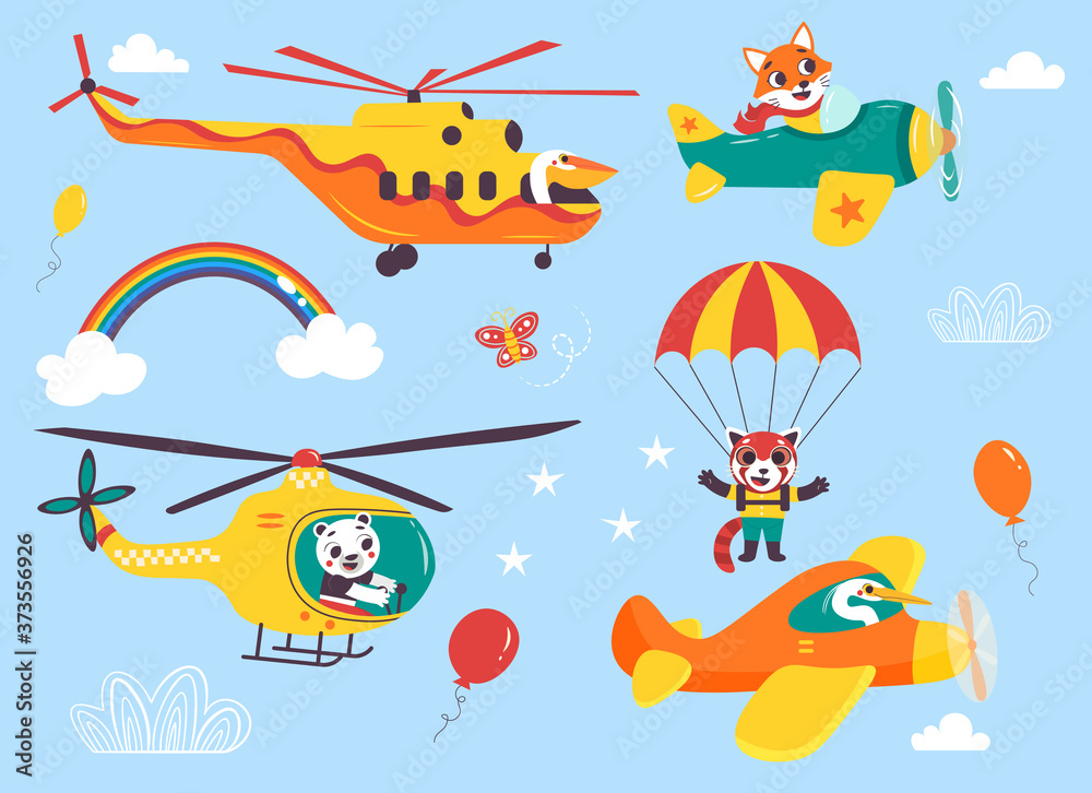 Funny kids air transport set with little animals. Helicopters, biplane, parachutist cartoon vector illustration isolated on blue background Funny kids air transport set with little animals. Helicopters, biplane, parachutist cartoon vector illustration isolated on blue background