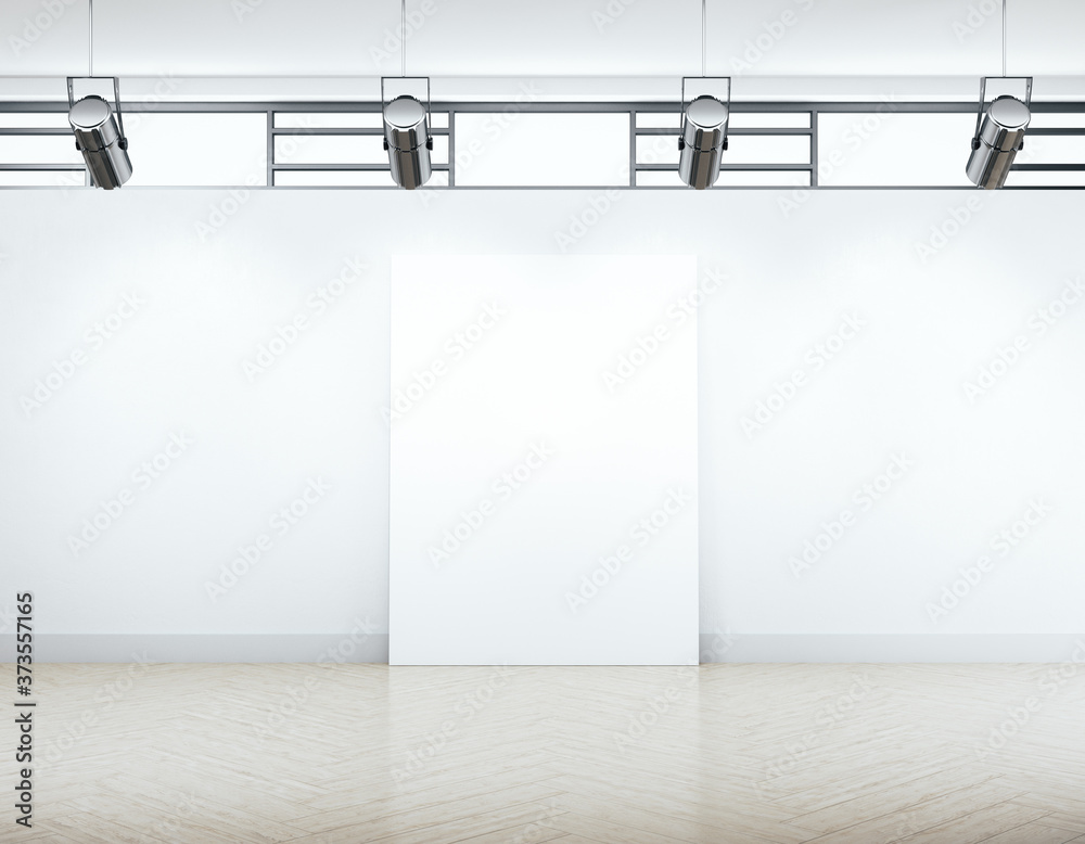 Contemporary exhibition hall interior with blank vertical poste Contemporary exhibition hall interior with blank vertical poste