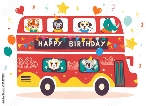 Happy Birthday red double decker celebration bus with cute animals. Cartoon vector illustration isolated on white background.