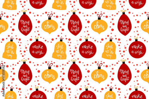 Merry Christmas texture. Festive background of garland and handwritten lettering. Holly Jolly, Make a wish, Jingle all the way, Merry and Bright. Winter holiday pattern.