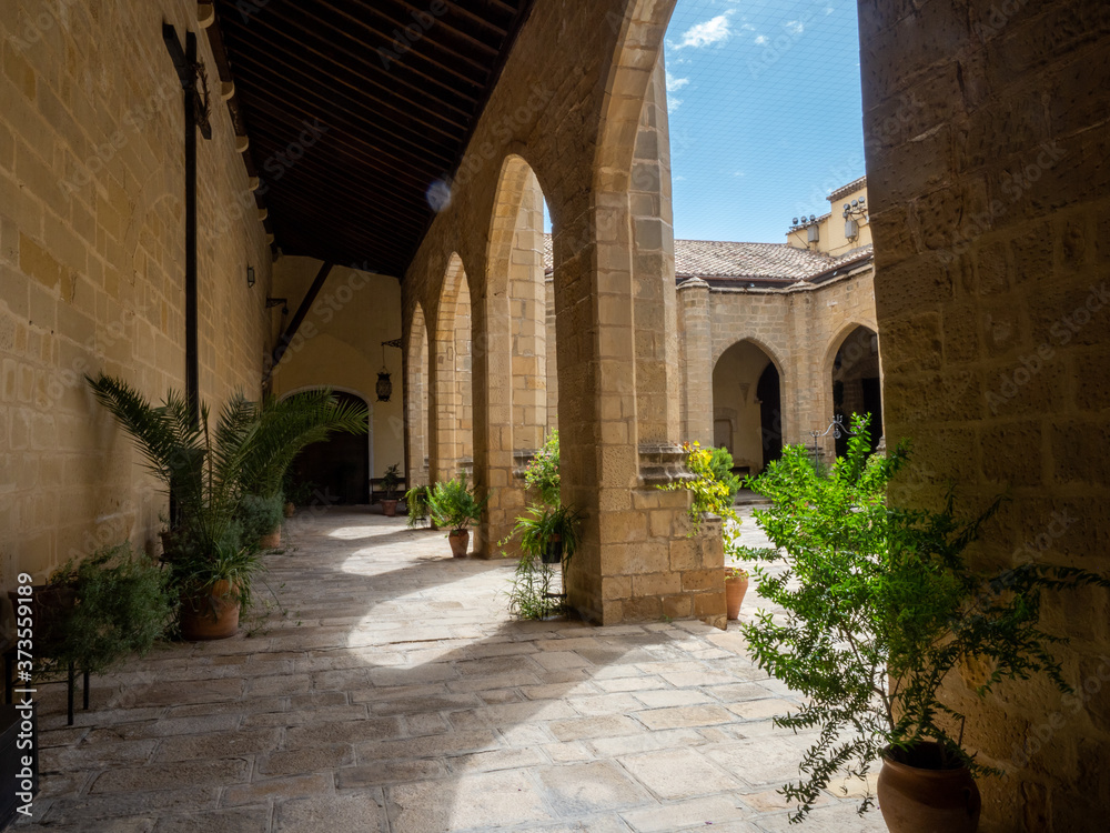 Image of the interior patio of the cathedral of Baeza in Jaen, Spain and its arches