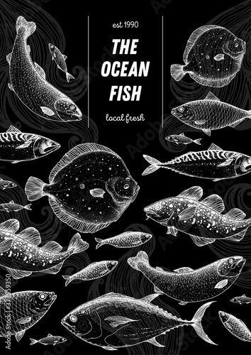 Fish sketch collection. Hand drawn vector illustration. Seafood frame vector illustration. Food menu illustration. Hand drawn tuna, salmon, flounder, cod fish, herring. Engraved style.