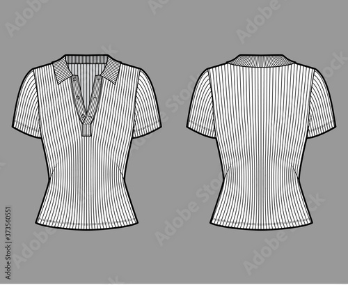 Ribbed cotton-jersey polo shirt technical fashion illustration with short sleeves, buttons along the front, slim fit. Flat top apparel template front back white color. Women men unisex knit CAD mockup