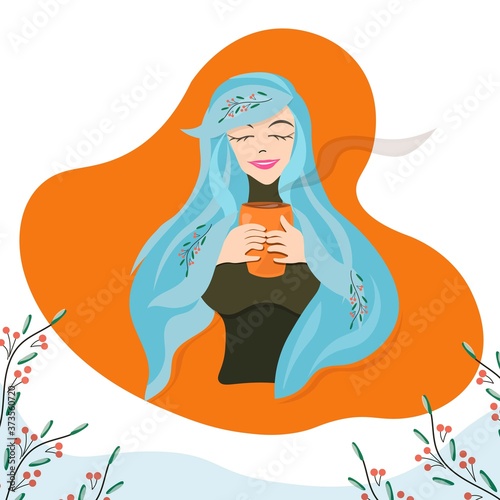 
Cute girl with blue hair holding a cup of hot drink. Vector decorative.