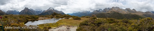 Panoramic view from Key Summit to the mountains of Fiordland National Park  Southland New Zealand