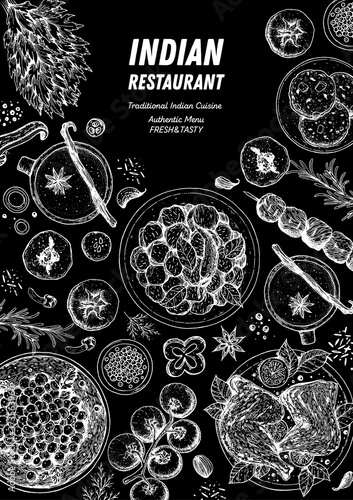 Indian food illustration. Hand drawn sketch. Vector illustration. Menu background.