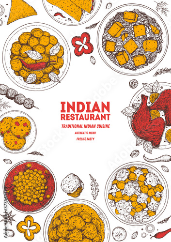 Indian food illustration. Hand drawn sketch. Indian cuisine. Doodle collection. Vector illustration. Menu background. Engraved style.