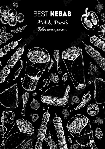 Doner kebab and ingredients for kebab, sketch illustration. Arabic cuisine frame. Fast food menu design elements. Shawarma hand drawn frame. Middle eastern food.