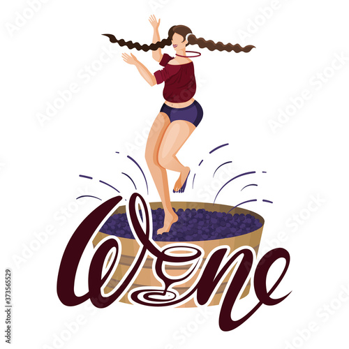 Lettering wine with letter i in shape of glass. Young woman is crushing grapes with feet while dancing in large wooden vat. Isolated object on white. Hand drawn template for logo, label