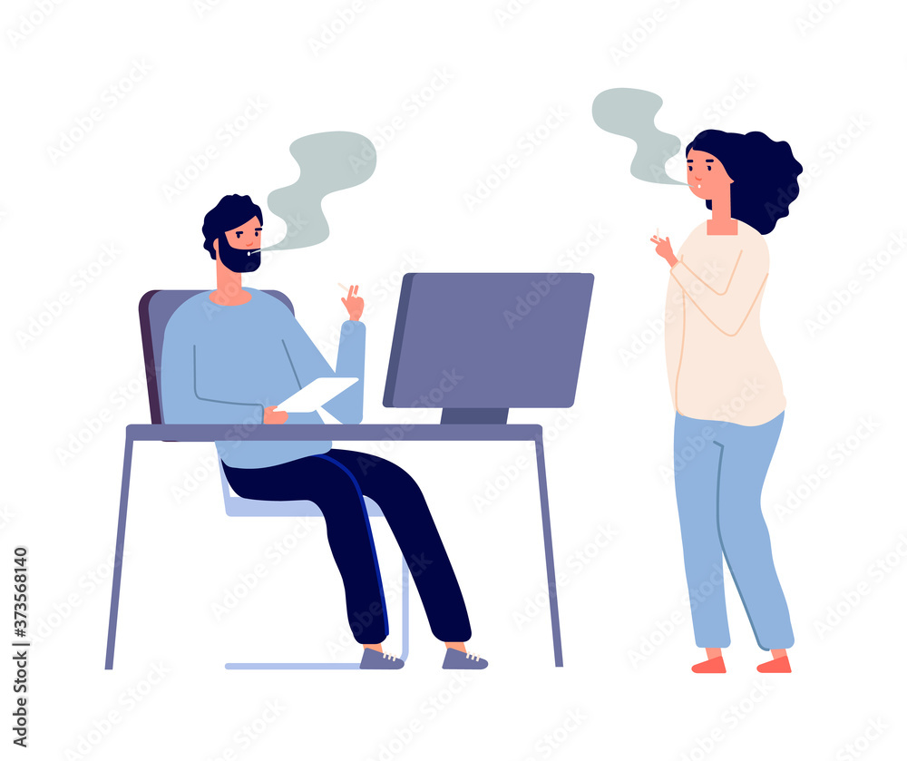Smoking office workers. Woman man smokers, people with cigarettes. Flat style managers talking, bad habits nicotine addiction vector illustration. Businessman with tobacco, illustration young smoker