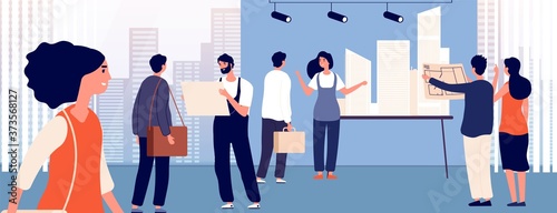 Architect project. Woman presented plan, flat engineer with designer team showing architecture idea. Construction office vector illustration. Project plan construction, present blueprint building