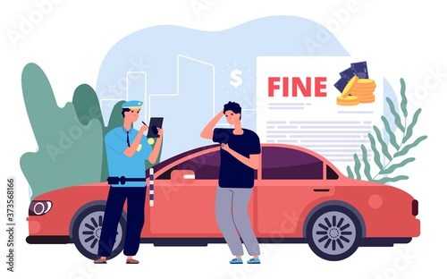 Man and police officer. Policeman writes out fine, traffic violations and improper parking. Confused boy driver on red sport car. Financial losses, fines for driving vector illustration.