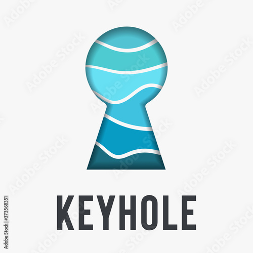 Abstract icon or logo design template keyhole for the key of the front door on a white background from which you can see the sea pattern of wavy blue lines. Business identity. Vector illustration.