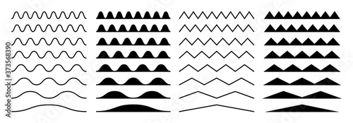 Zigzag borders. Jagged wavy decorations, serrate wave stripes. Isolated black squiggle headers or dividers, paper edge decorative footer vector set. Illustration curve line wave, horizontal, divider