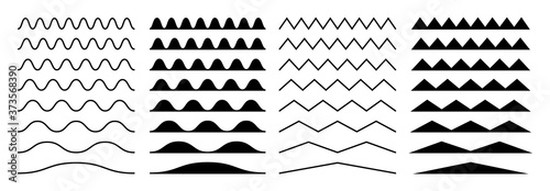 Zigzag borders. Jagged wavy decorations, serrate wave stripes. Isolated black squiggle headers or dividers, paper edge decorative footer vector set. Illustration curve line wave, horizontal, divider