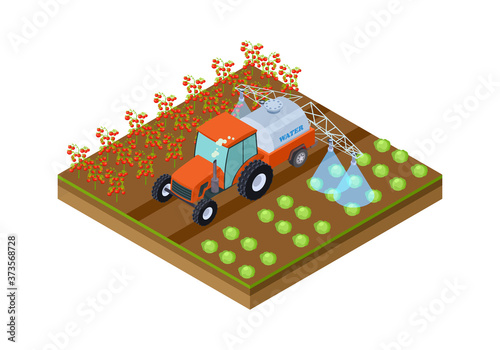 Automatic crop irrigation. Machine watering tomatoes and cabbage. Isometric plantation location, vegetables garden vector illustration. Isometric agricultural cultivation, illustration organic