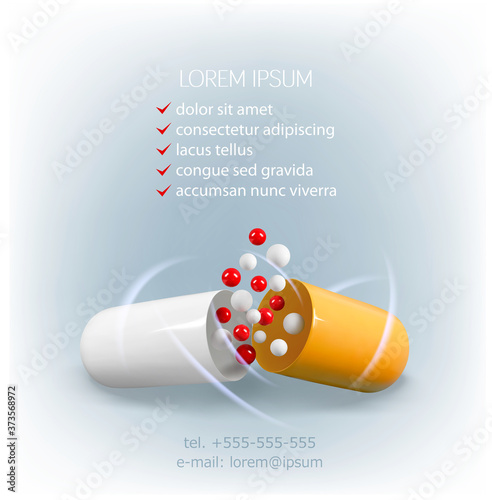 Vector medical template. Opened orange-white capsule with red and white balls, isolated on lighte background. Element for design. Realistic illustration. 3d
