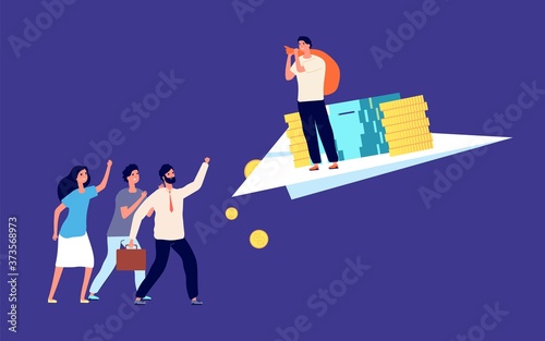 Deception business partner. Betrayal, theft of money. Colleague stole funds. Tricky liar, guy flying with money on paper plane vector illustration. Deception partner, business fraud