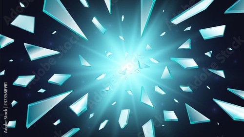 Broken glass. Shatter window background, 3d flying realistic shards. Abstract light explosion or brokenness transparent blue elements vector illustration. Crash glass, mirror destruction