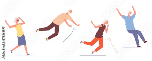 Falling elderly people. Old woman man stumble and slip. Dangerous trauma of seniors, healthcare and safety. Traumatic accident isolated characters vector illustration. Old elderly falling accident