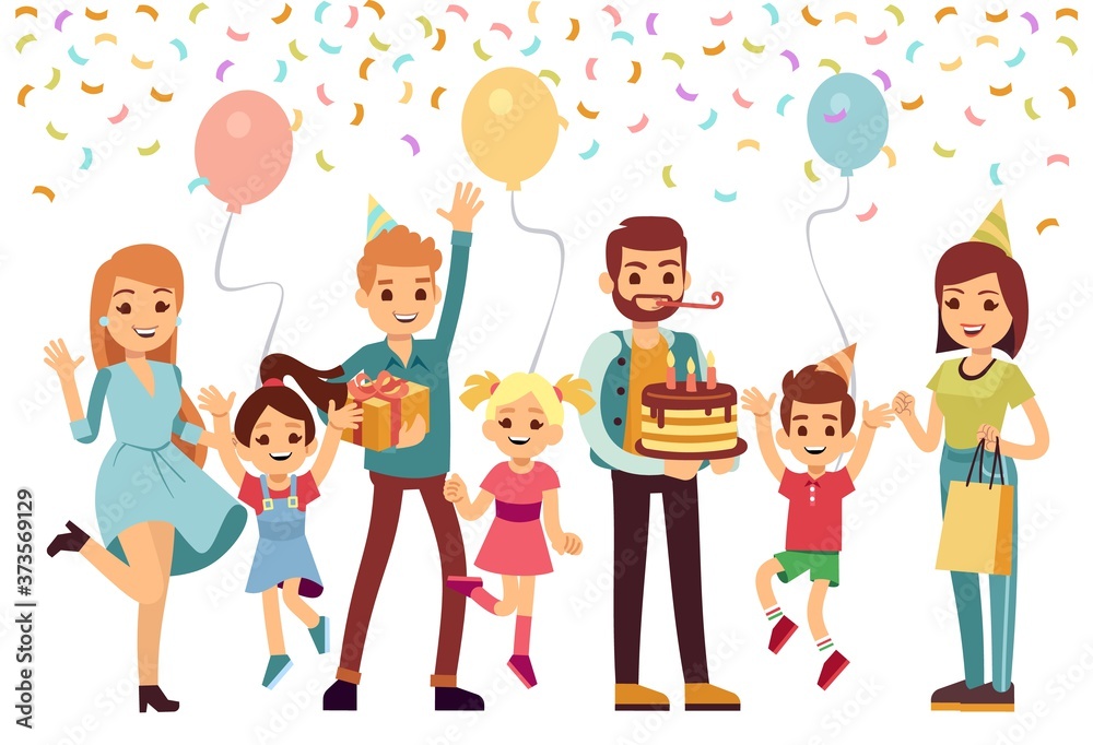 People celebrating birthday. Happy parents jumping kids with cake balloons and confetti. Festive time, family together on holiday. Isolated cartoon joyful man woman children vector illustration