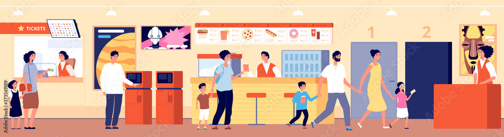 Cinema interior. Theater cafeteria, movie audience. People in waiting room buy tickets pop corn or snack in bar vector illustration. Cafeteria in cinema entertainment, auditorium and cinematography Cinema interior. Theater cafeteria, movie audience. People in waiting room buy tickets pop corn or snack in bar vector illustration. Cafeteria in cinema entertainment, auditorium and cinematography