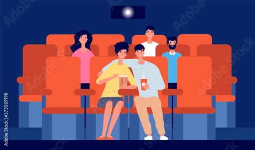 Couple in movie theater. Happy boy girl in cinema, cartoon people watching film. Young viewers, flat audience in hall vector illustration. Movie and cinema theater, audience entertainment