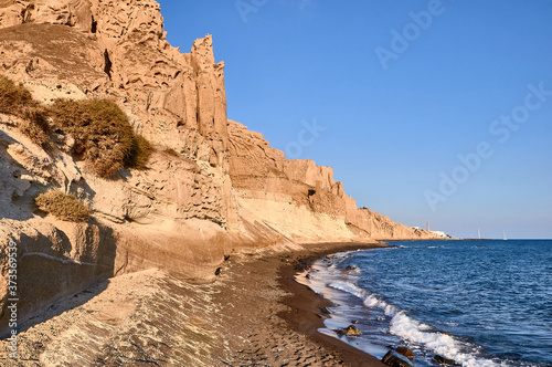 Volcanic landscape at Vlychada beach in Santorini