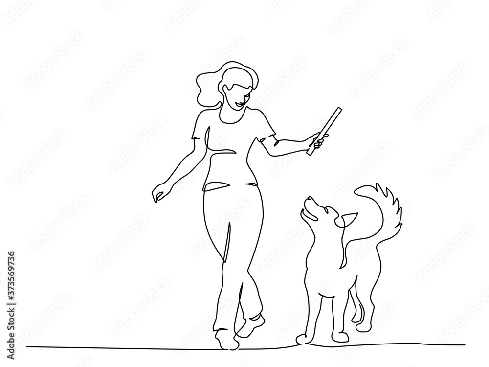 Woman training dog with stick. Continuous one line art