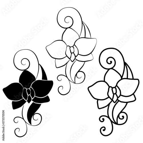 Vector illustration, floral ornament, orchid silhouette in black, isolate on a white background, for design of cards, banners