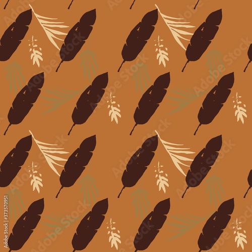 Funky Tropical Vector Seamless Pattern. Beautiful Male Shirt Female Dress Texture. Banana Leaves Feather 