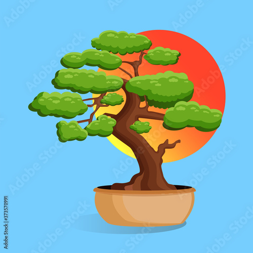 Vector illustration of a bonsai tree in a pot on the background of the sunset of the Japanese sun. Home miniature bonsai plant on blue background for advertising, website, logo, banner, postcard, game