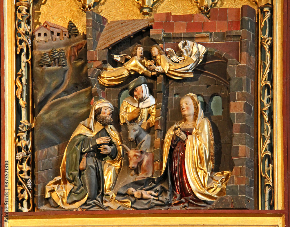 Natività; portella dell'altare scolpito di Schnatterpeck nella vecchia parrocchiale di Lana (Bolzano)