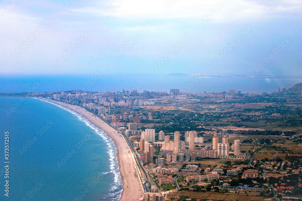 Aerial view of the coastal city of Benidorm Spain, beaches and large skyscrapers