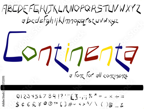 Hand drawn vector font. Continenta is a cute character set with flashy, angled letters. Perfect for brightly colored projects.
