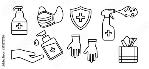 Hygiene line. Disinfectant, antiseptic, hand sanitizer bottles, medical mask, washing gel, spray, wipes, antibacterial soap, gloves, napkins. PPE personal protective equipment. Outline design. Vector