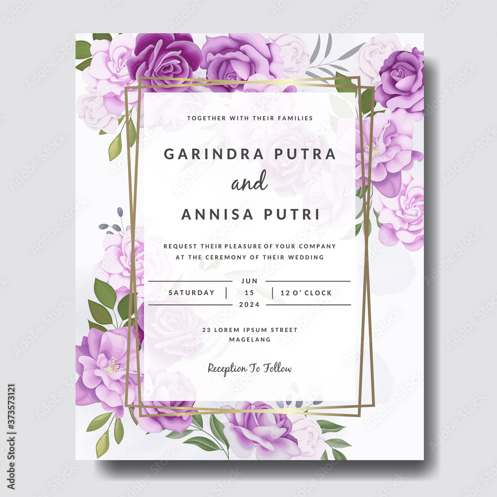 Fototapeta Elegant wedding invitation card with beautiful floral and leaves template Premium Vector